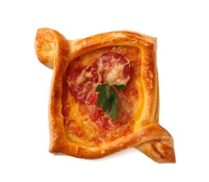 Photo of Fresh delicious puff pastry with cheese, tomatoes and parsley on white background, top view