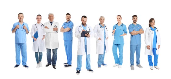 Image of Collage with photos of doctors on white background. Banner design