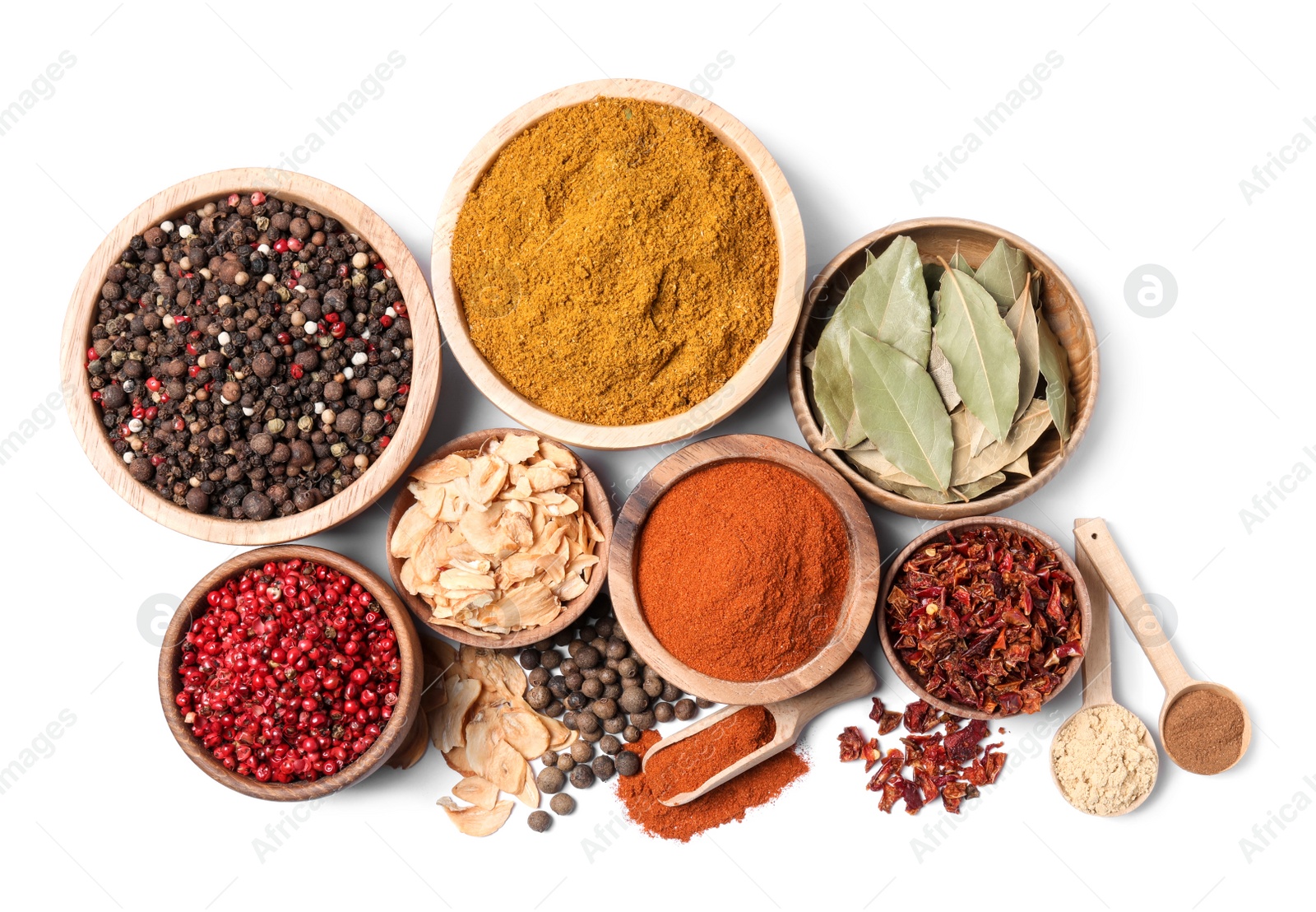 Photo of Bowls with different spices on white background, top view