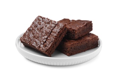 Photo of Delicious chocolate brownies on white background. Tasty dessert