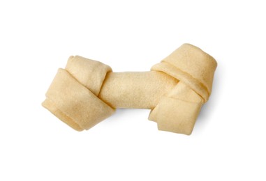 Photo of Knotted bone dog treat on white background, top view