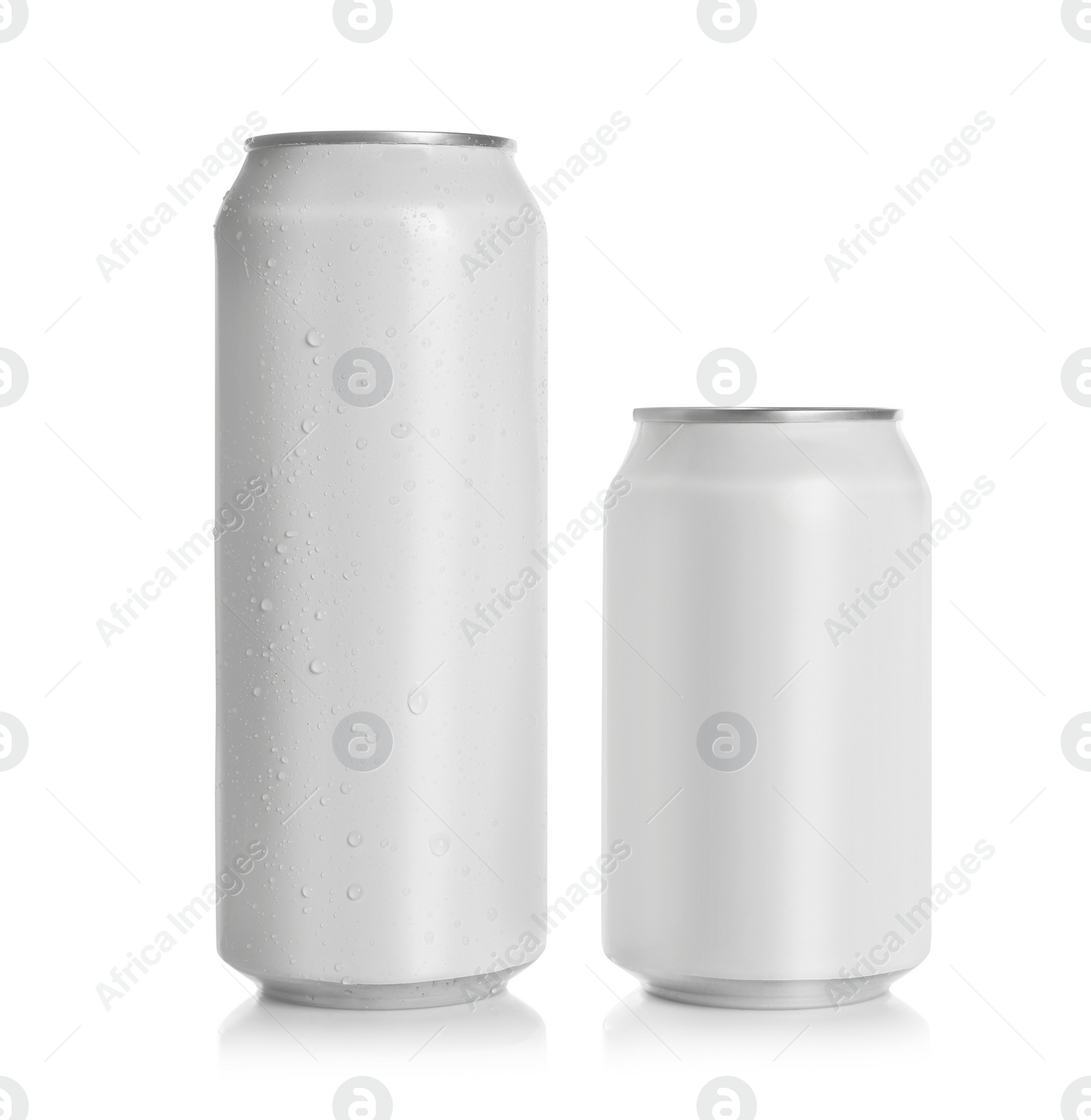 Photo of Aluminum cans with drinks on white background