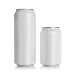 Photo of Aluminum cans with drinks on white background