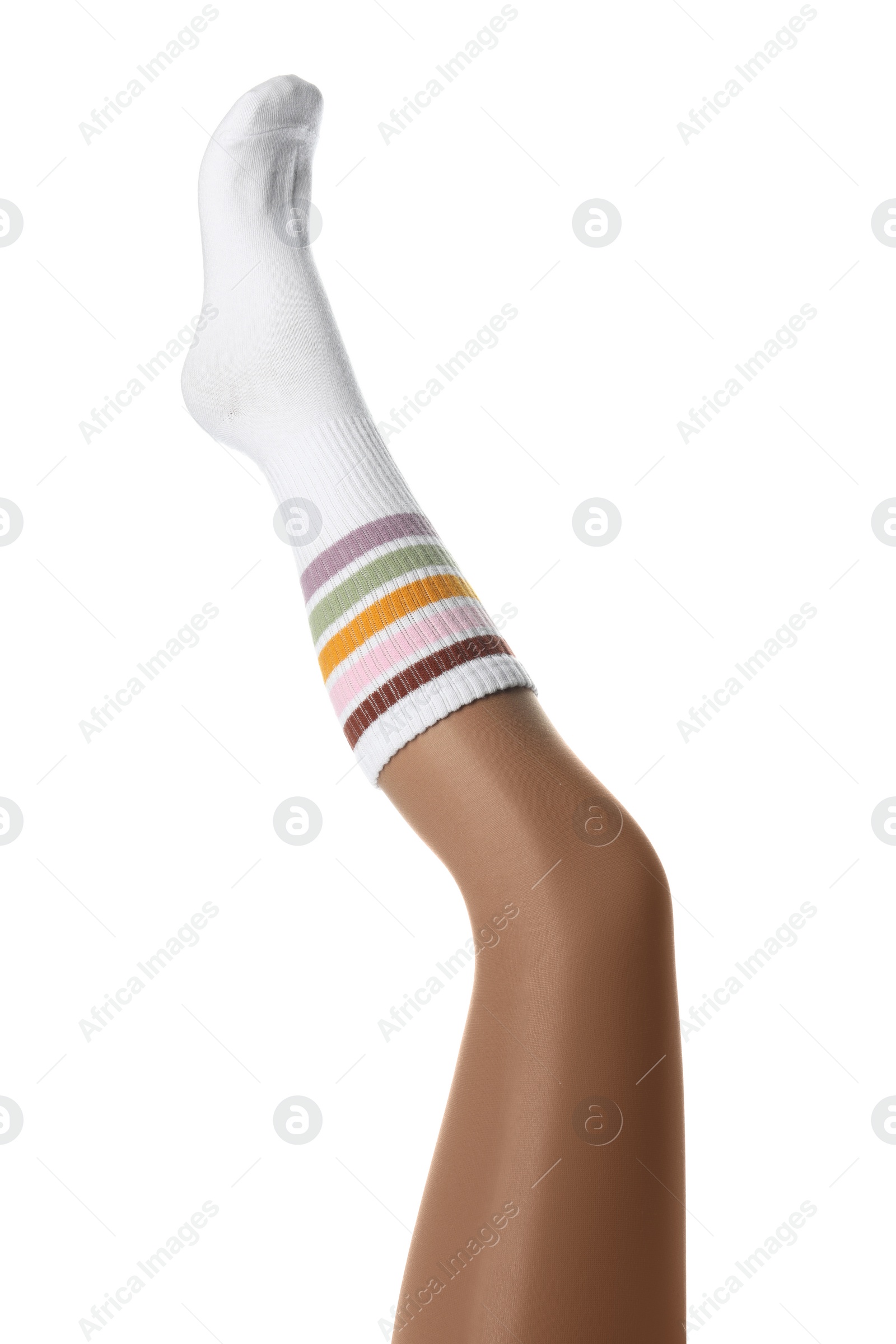 Photo of Woman wearing color sock on white background, closeup