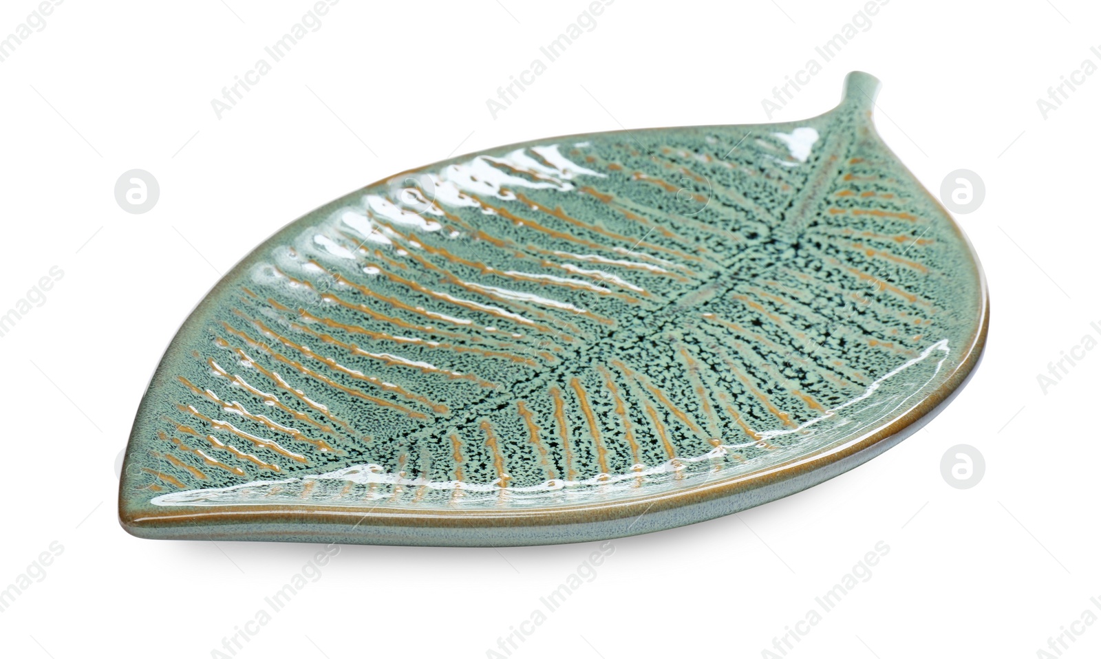 Photo of Beautiful green leaf shaped ceramic plate on white background