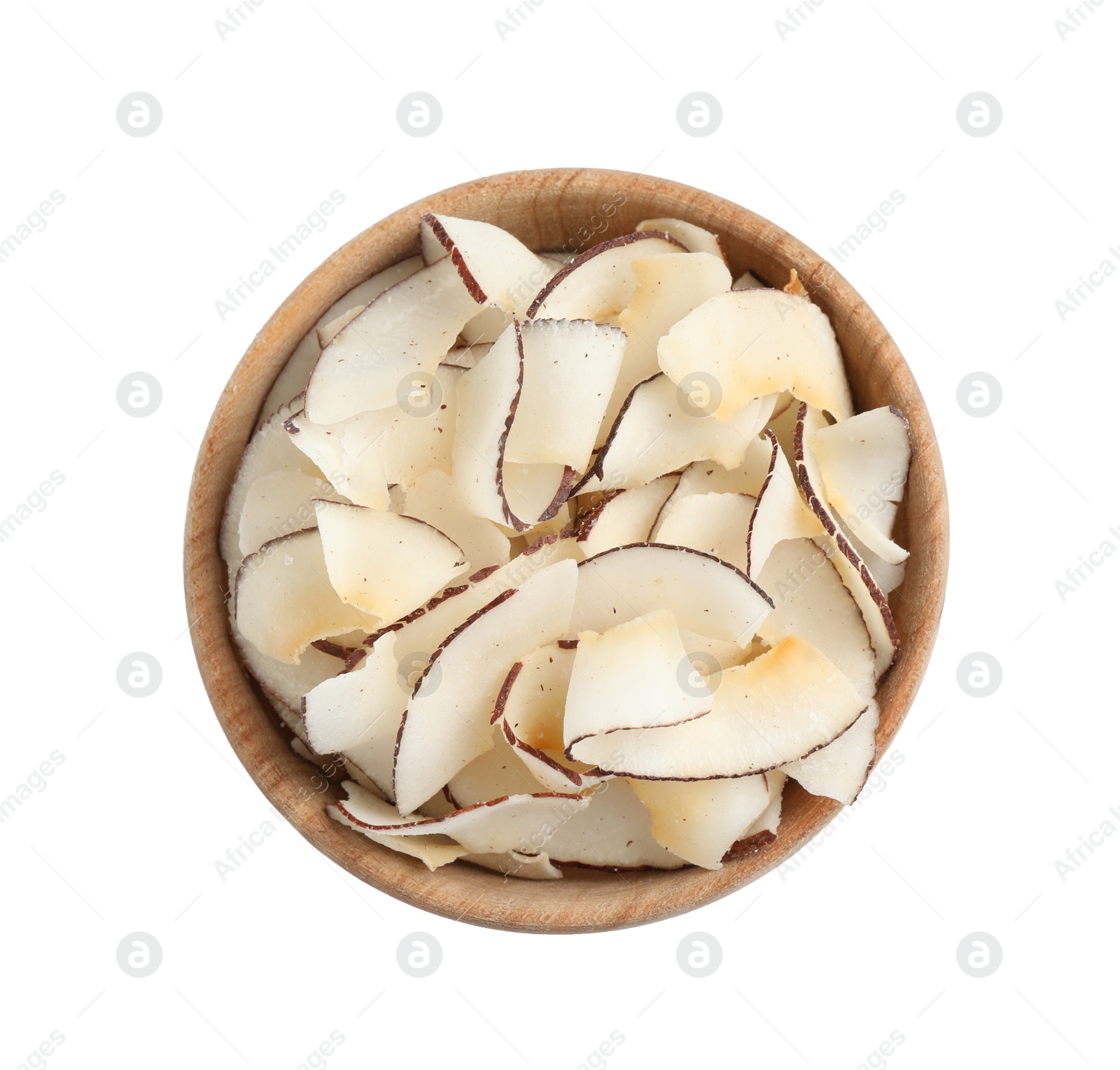 Photo of Bowl of coconut chips isolated on white, top view