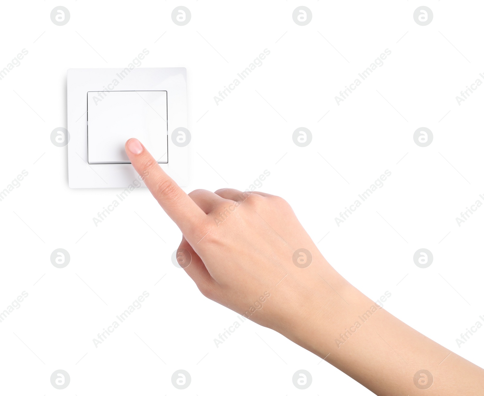 Photo of Woman pressing light switch on white background, closeup