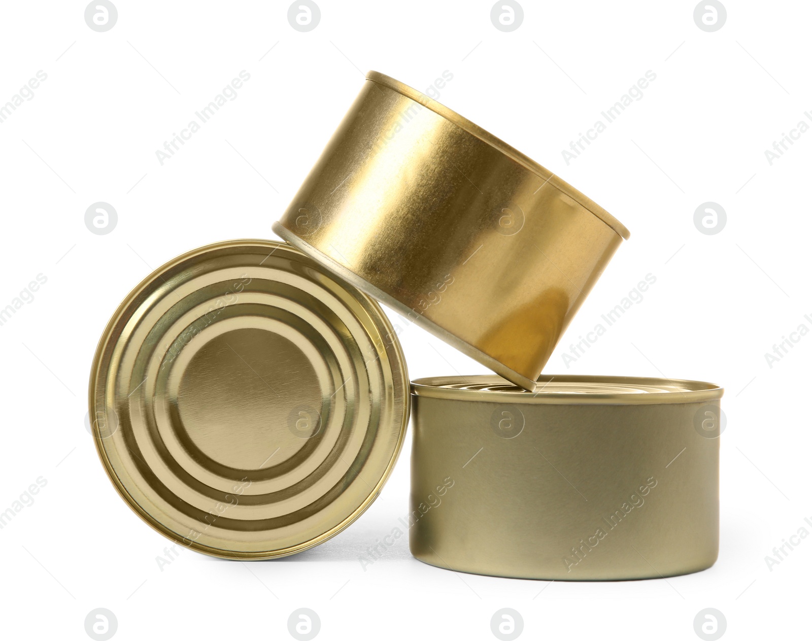 Photo of Closed tin cans isolated on white, mockup for design