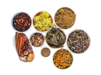 Photo of Many different dry herbs, flowers and spices in bowls isolated on white, top view