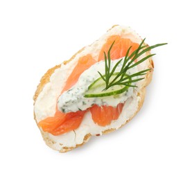 Photo of Tasty canape with salmon, cucumber, cream cheese and dill isolated on white, top view