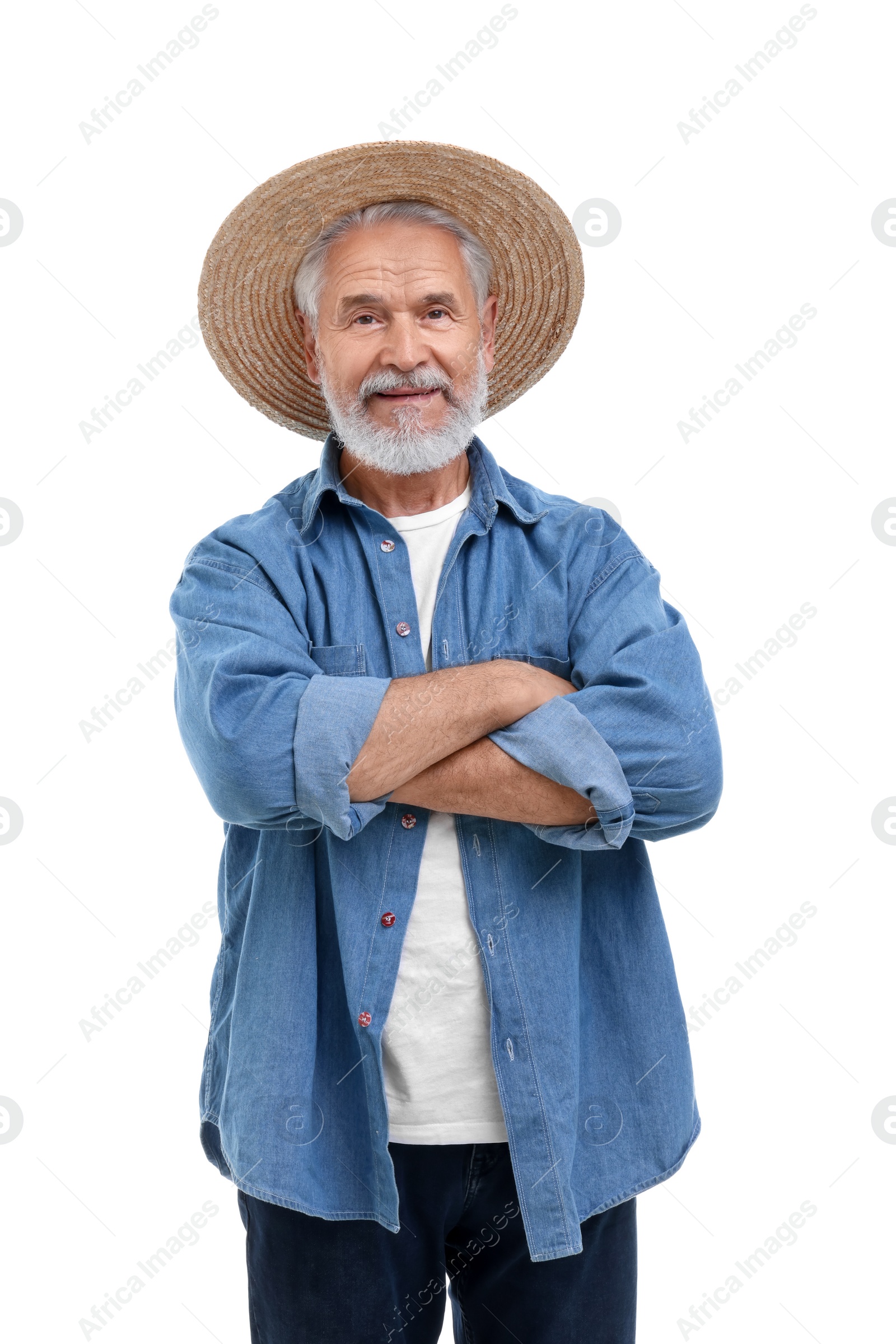 Photo of Farmer with crossed arms on white background. Harvesting season