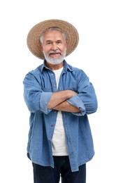 Photo of Farmer with crossed arms on white background. Harvesting season