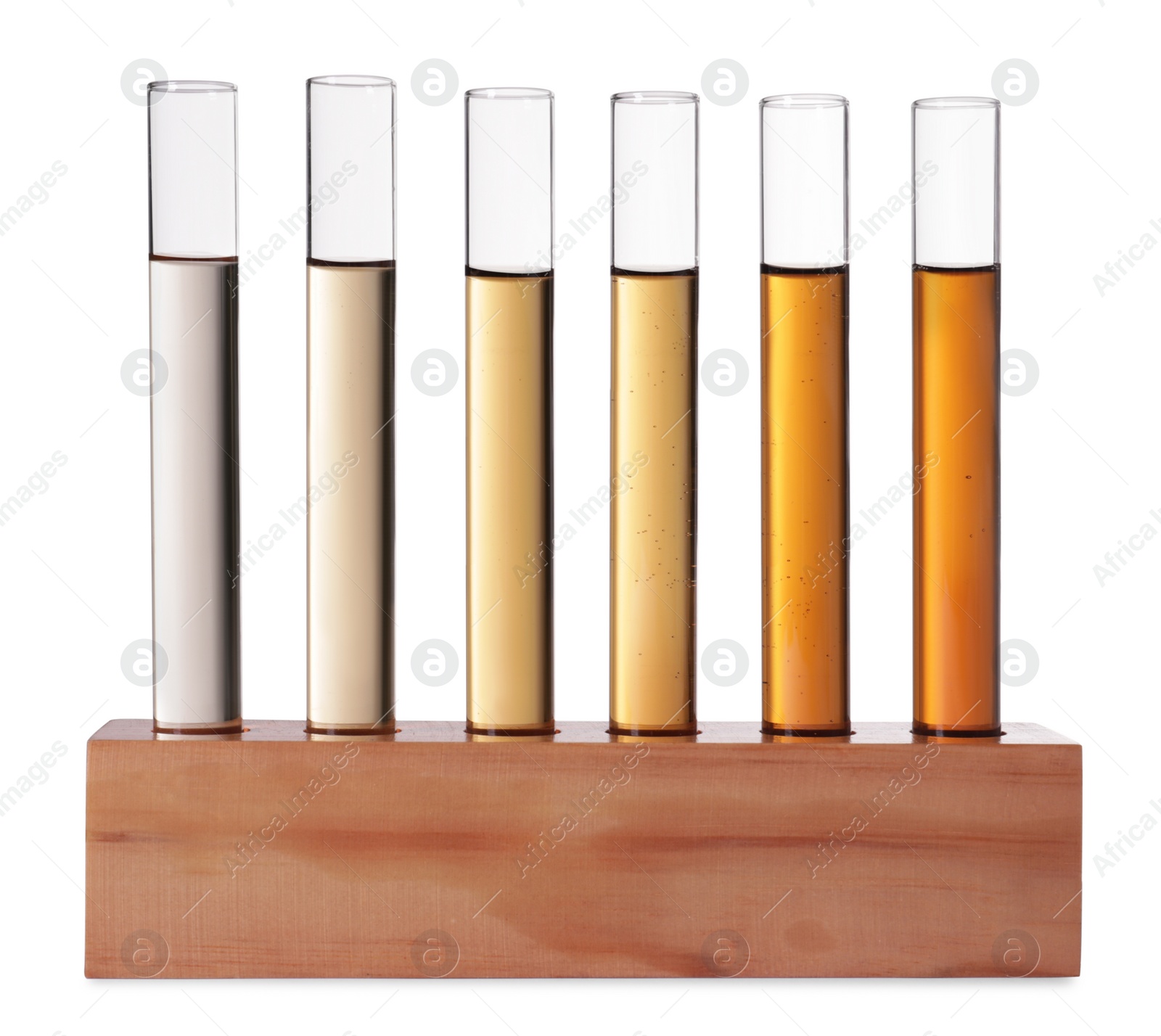 Photo of Test tubes with brown liquid in stand on white background