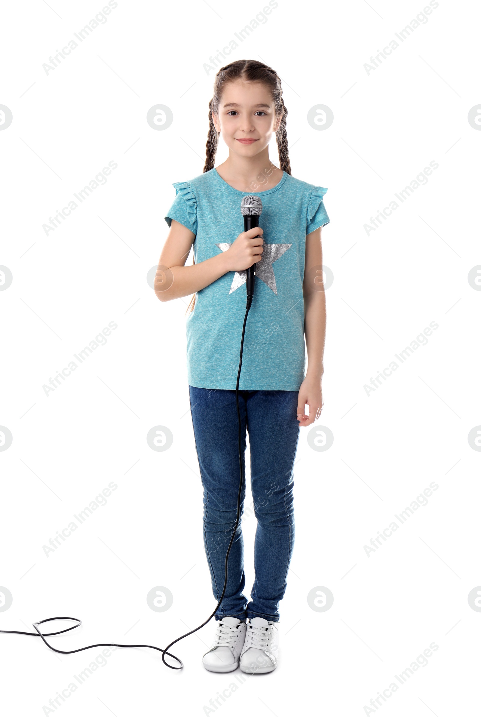 Photo of Cute girl with microphone on white background