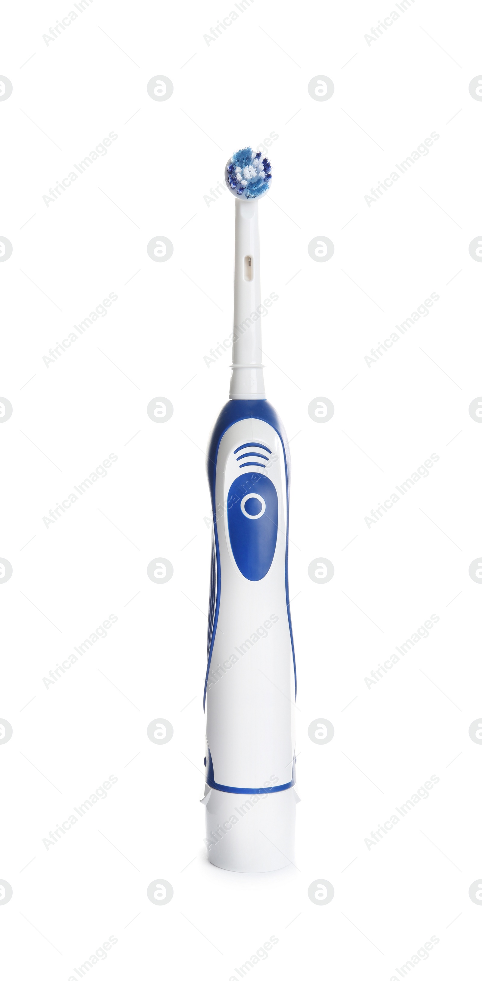 Photo of Electric toothbrush on white background. Dental care