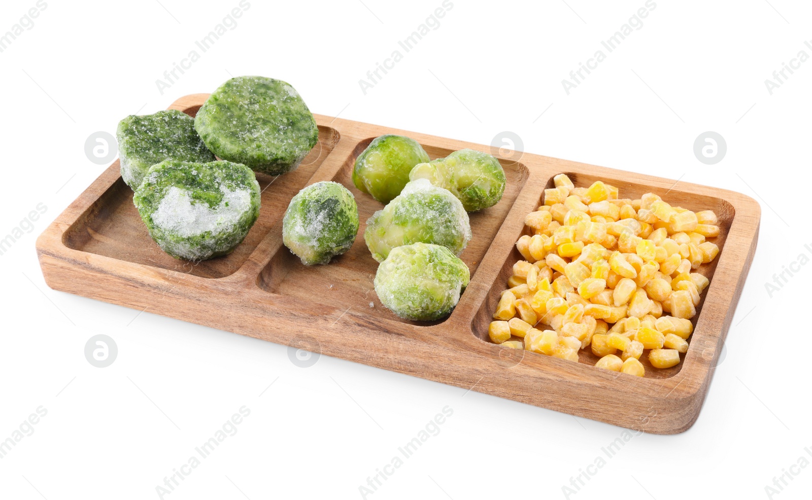 Photo of Wooden tray with different frozen vegetables isolated on white