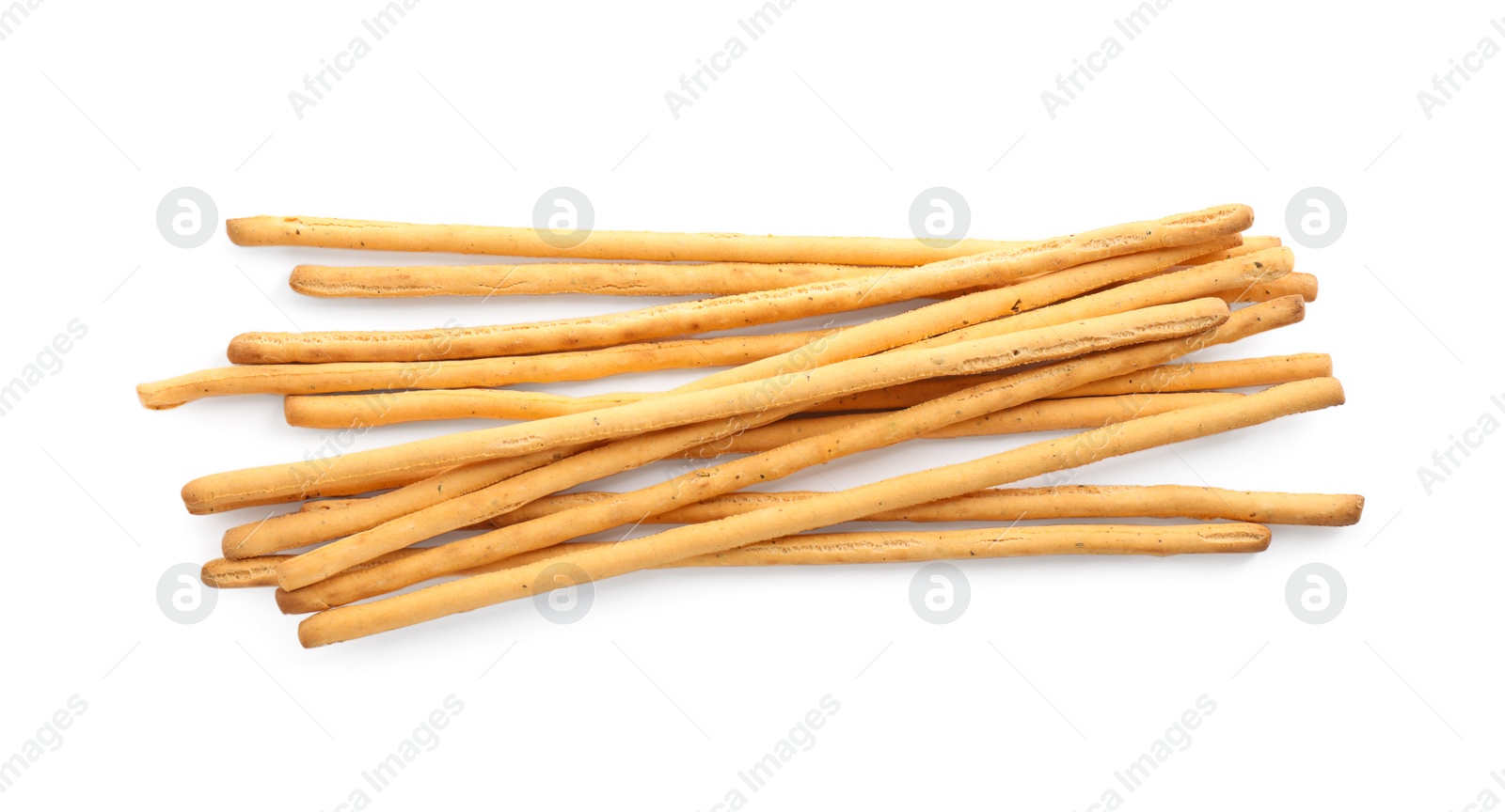 Photo of Delicious grissini sticks on white background, top view