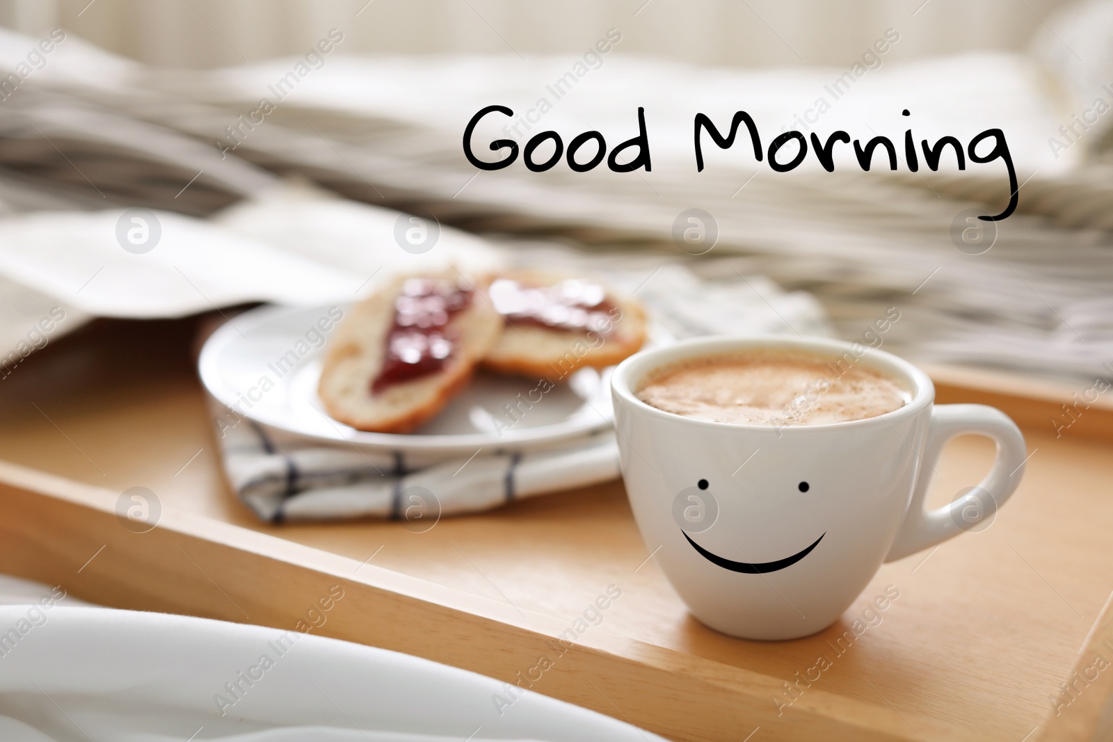 Image of Aromatic coffee in cup with happy face and sandwiches on tray at home. Good morning