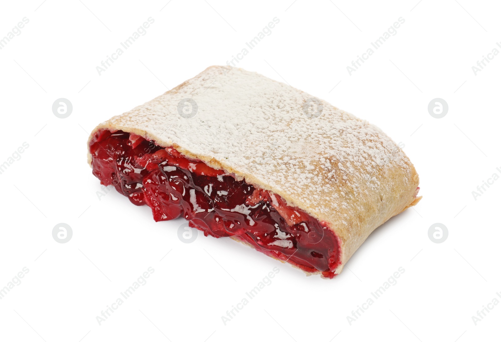 Photo of Delicious cut strudel with cherries isolated on white