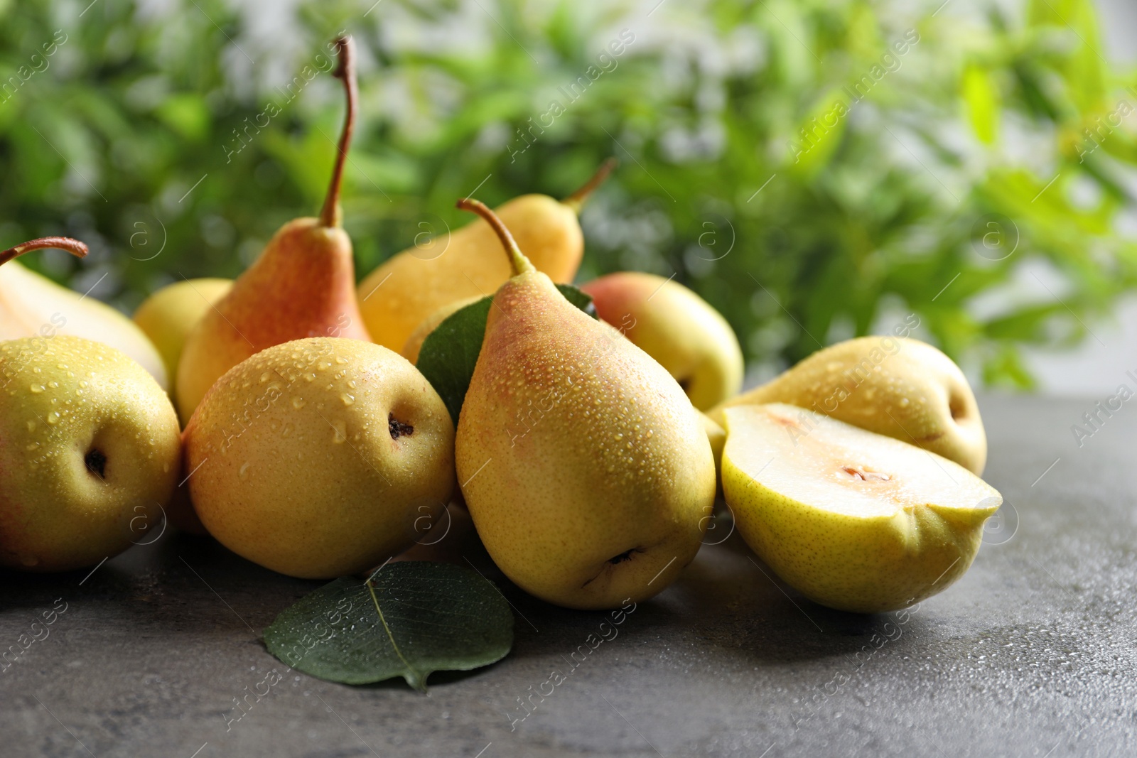 Photo of Ripe pears on grey table against blurred background