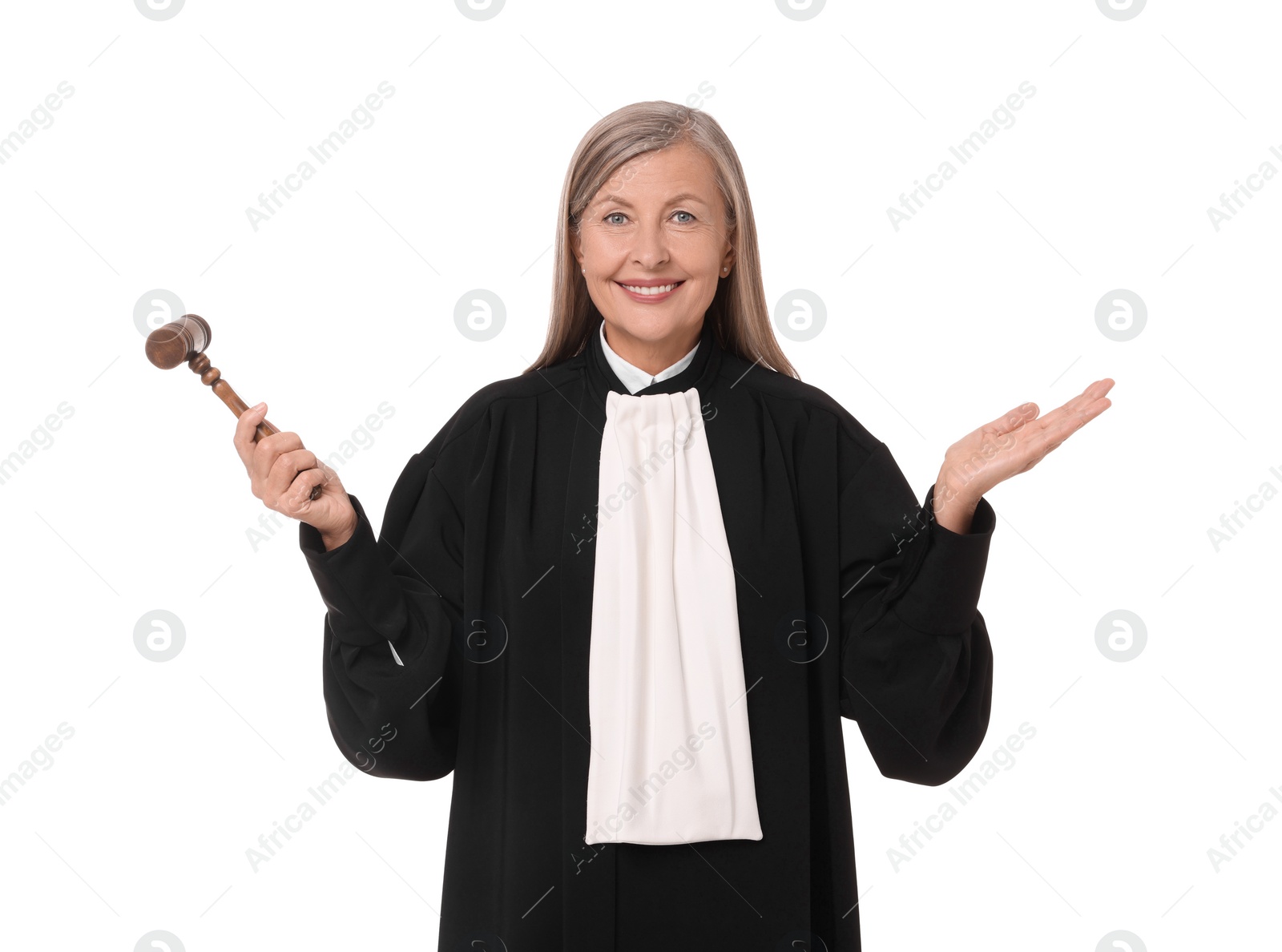 Photo of Smiling senior judge with gavel on white background