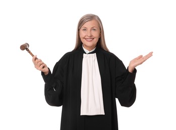 Smiling senior judge with gavel on white background