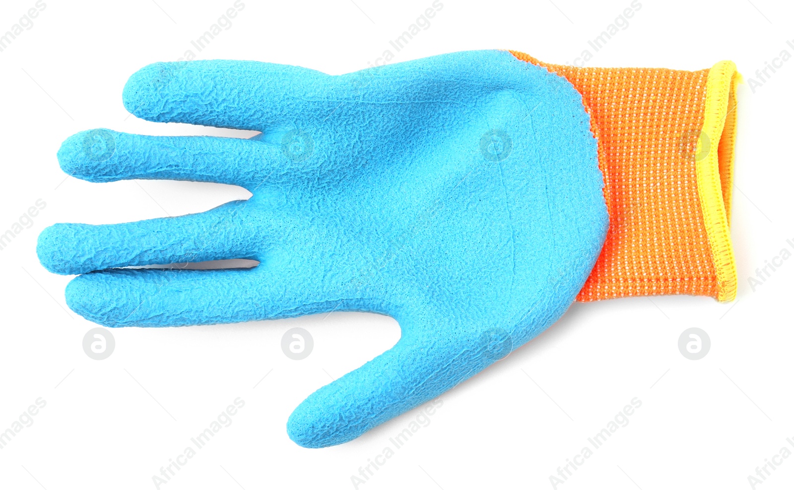 Photo of One color gardening glove isolated on white, top view