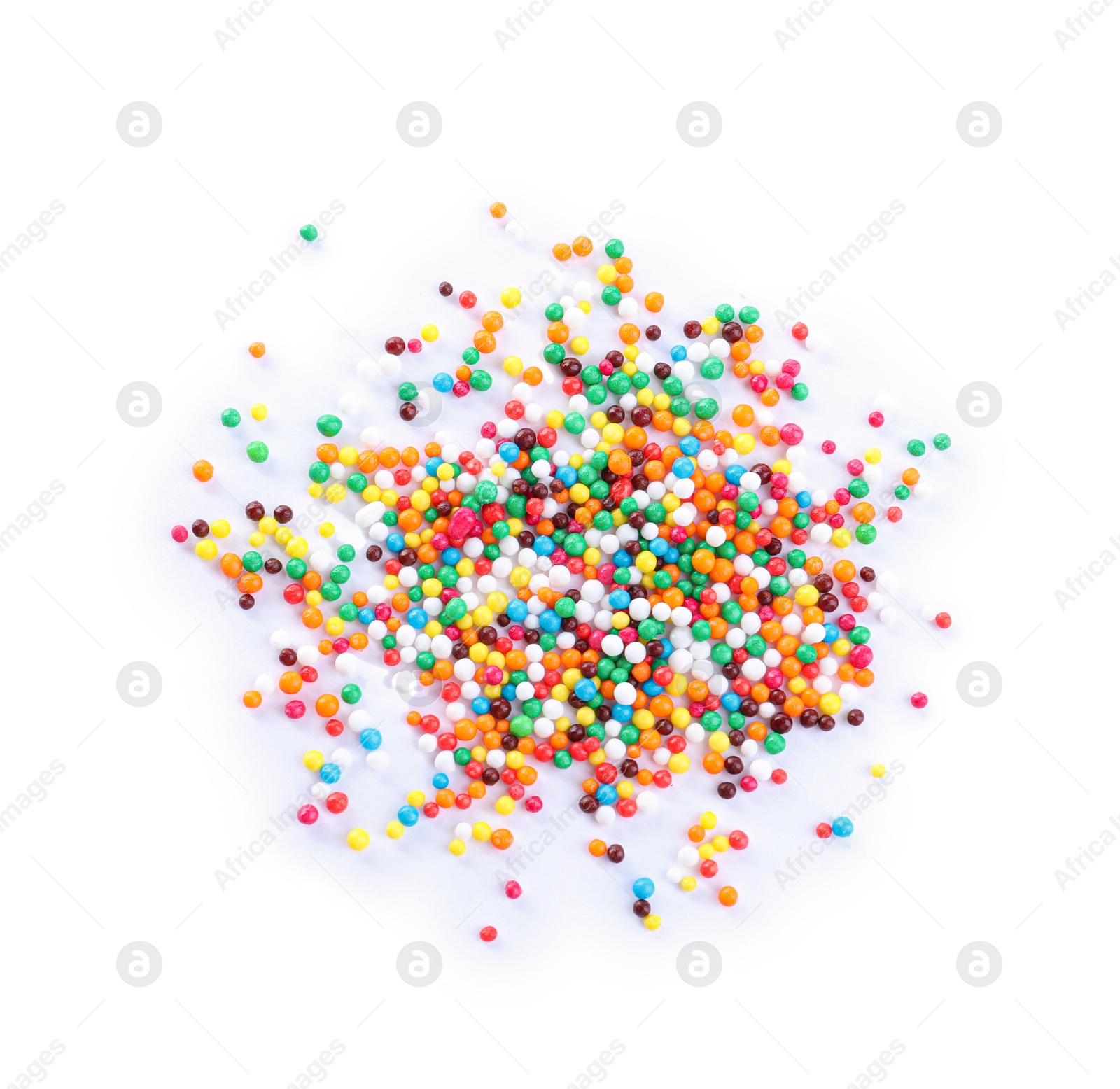 Photo of Colorful sprinkles on white background, top view. Confectionery decor