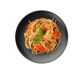 Photo of Delicious pasta with anchovies, tomatoes and olives isolated on white, top view
