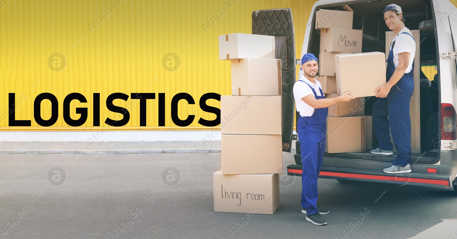 Image of Logistics concept. Men unloading boxes from van 