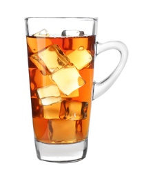 Photo of Cup of refreshing iced tea on white background