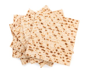 Passover matzos isolated on white, top view. Pesach celebration