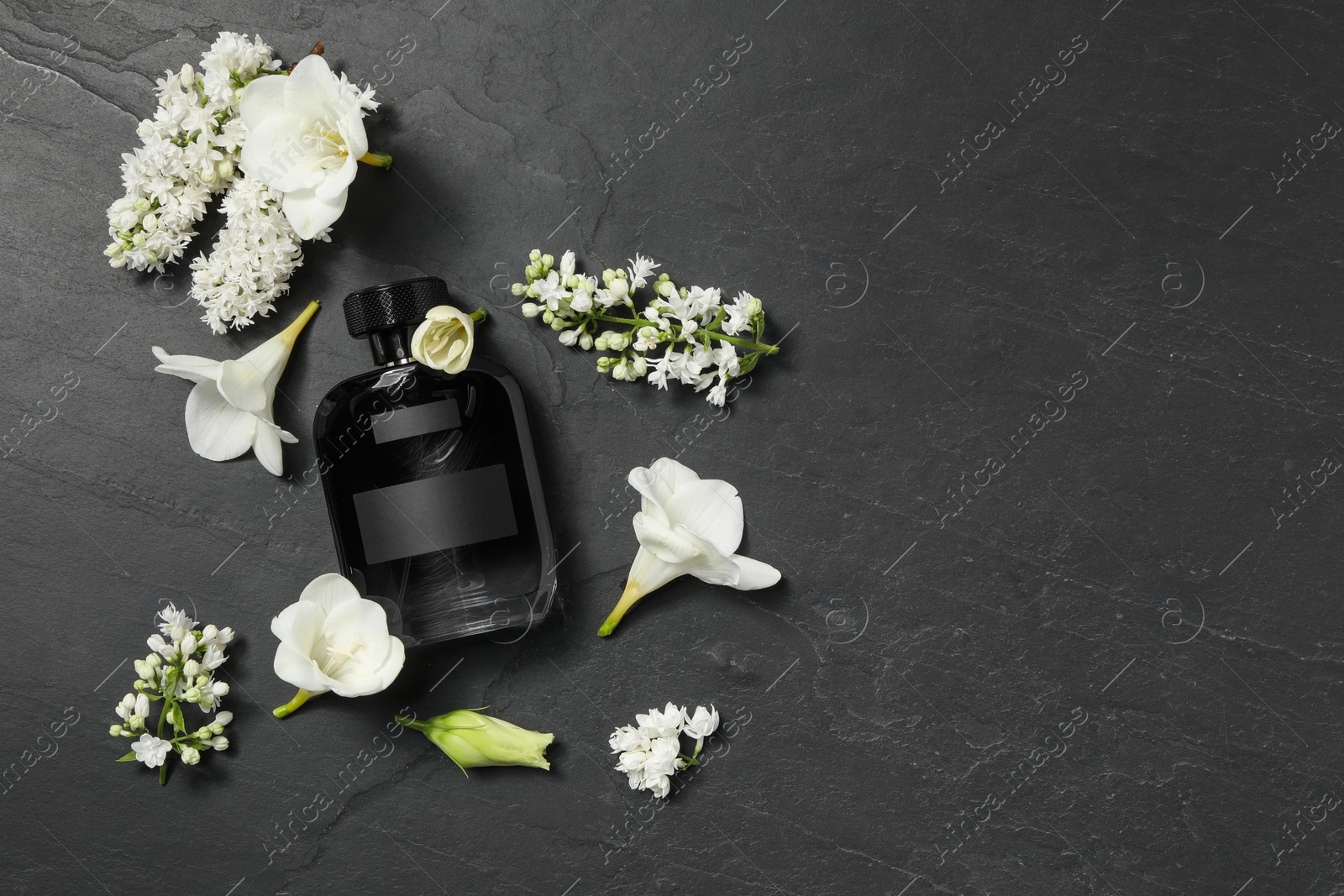 Photo of Bottle of luxury perfume and floral decor on black table, flat lay. Space for text