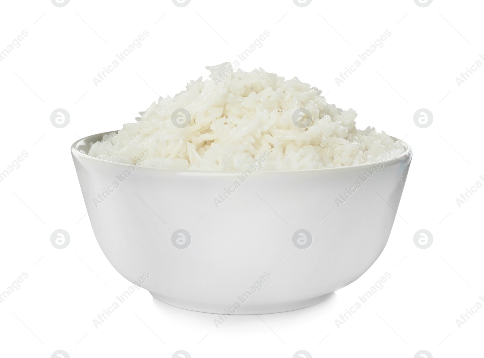 Photo of Bowl of boiled rice on white background