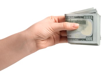 Photo of Money exchange. Woman holding dollar banknotes on white background, closeup