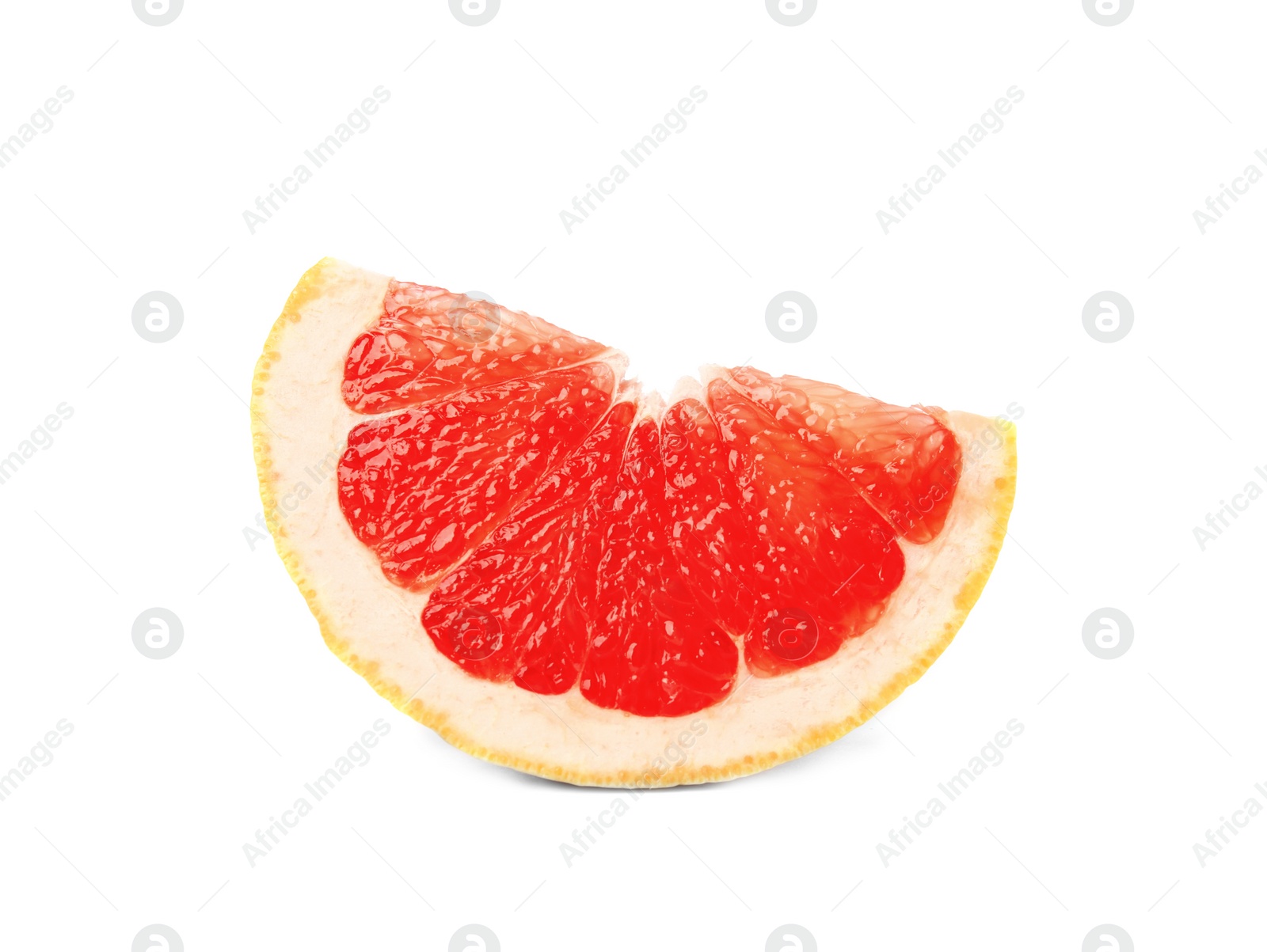 Photo of Slice of ripe juicy grapefruit on white background