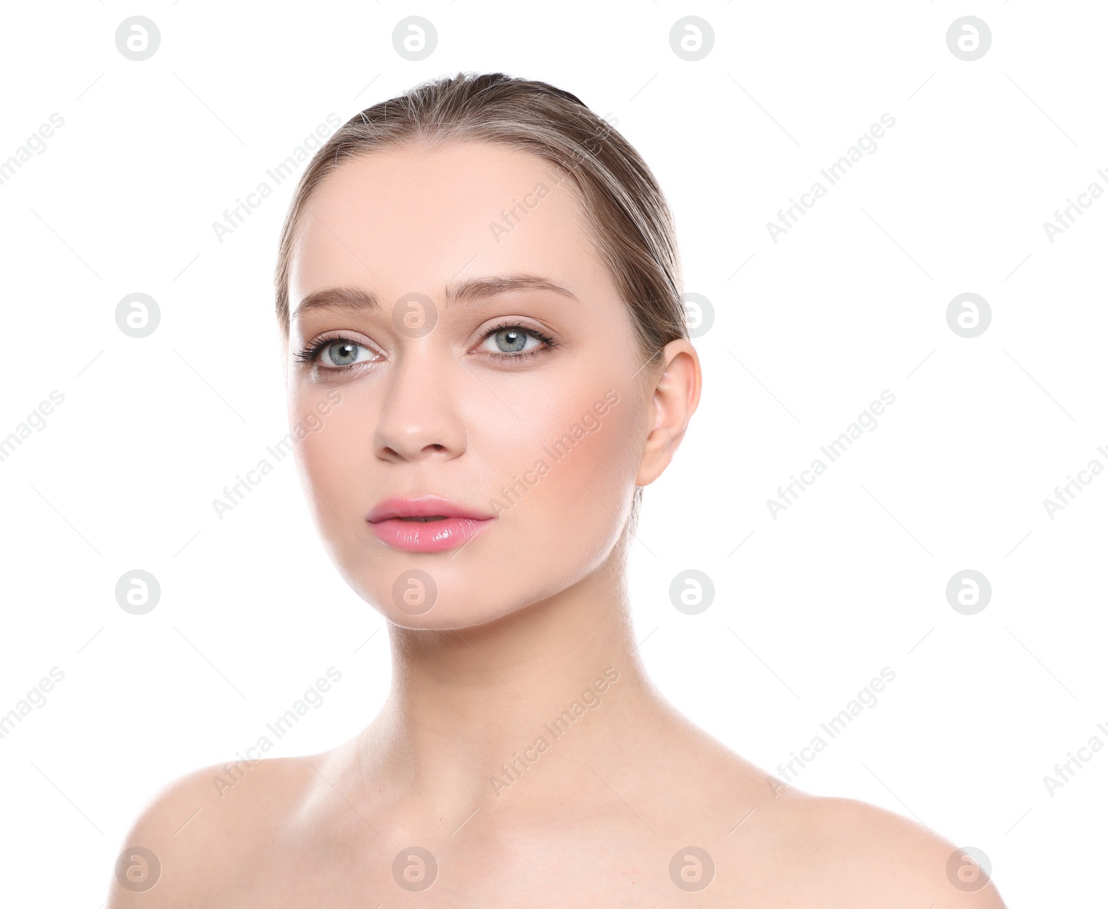 Photo of Portrait of young woman with beautiful face on white background