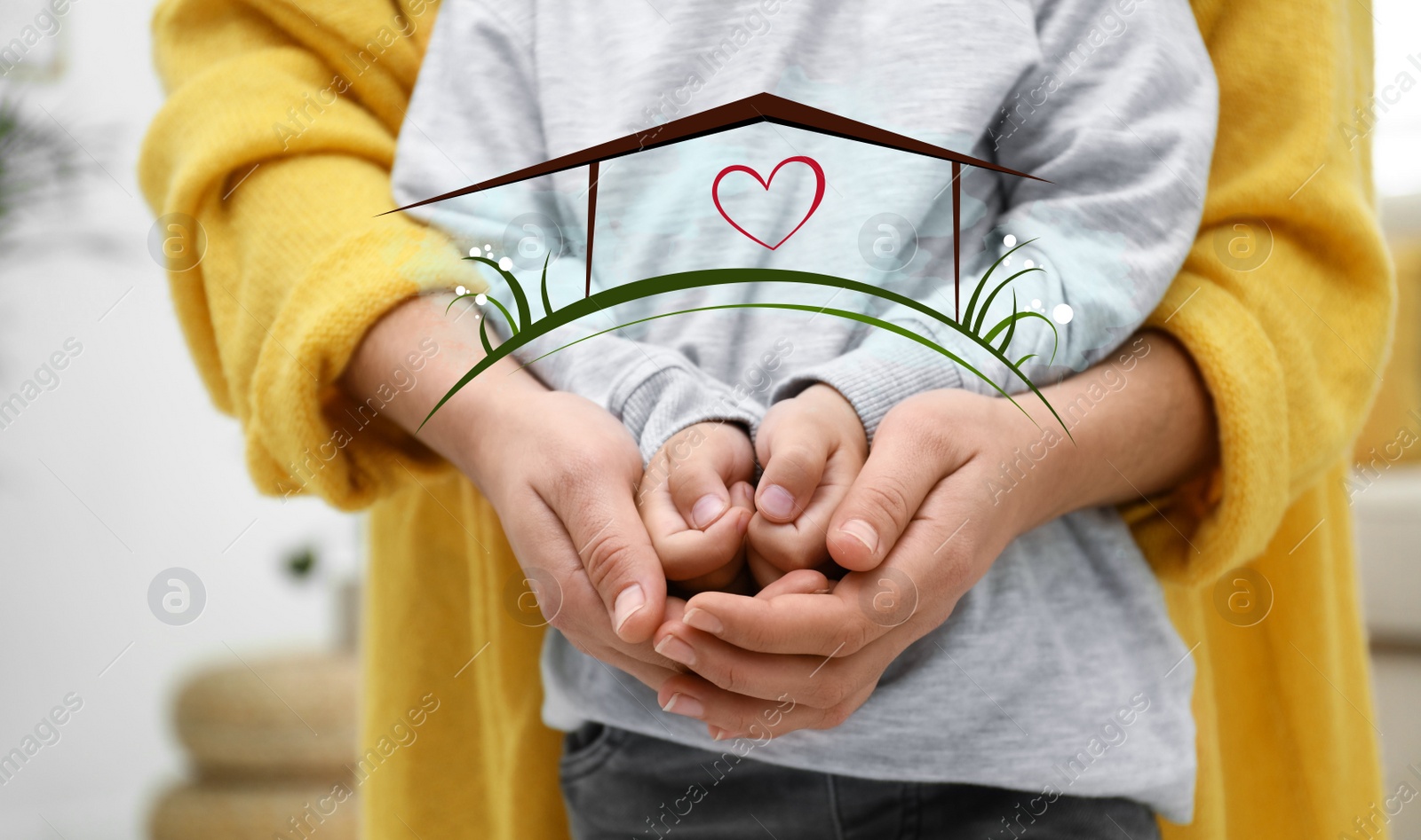 Image of Mother holding hands with child and illustration of house indoors, closeup. Adoption concept