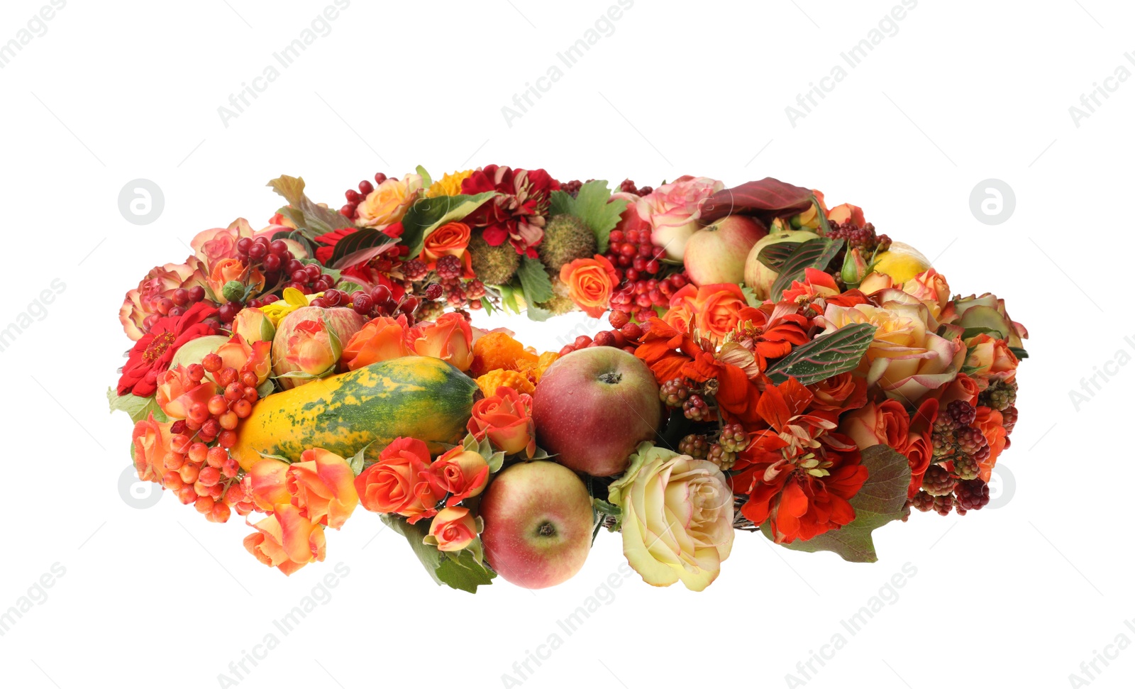 Photo of Beautiful autumnal wreath with flowers, berries and fruits isolated on white