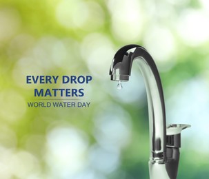 Image of World Water Day. Drop flowing from tap outdoors on sunny day, bokeh effect