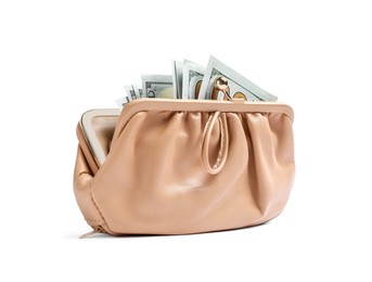 Photo of Stylish beige leather purse with dollar banknotes on white background