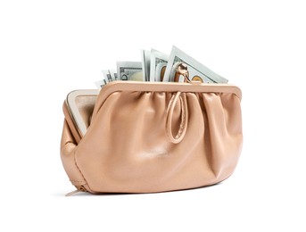 Stylish beige leather purse with dollar banknotes on white background