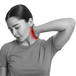 Woman suffering from rheumatism on white background. Black and white effect with red accent in painful area