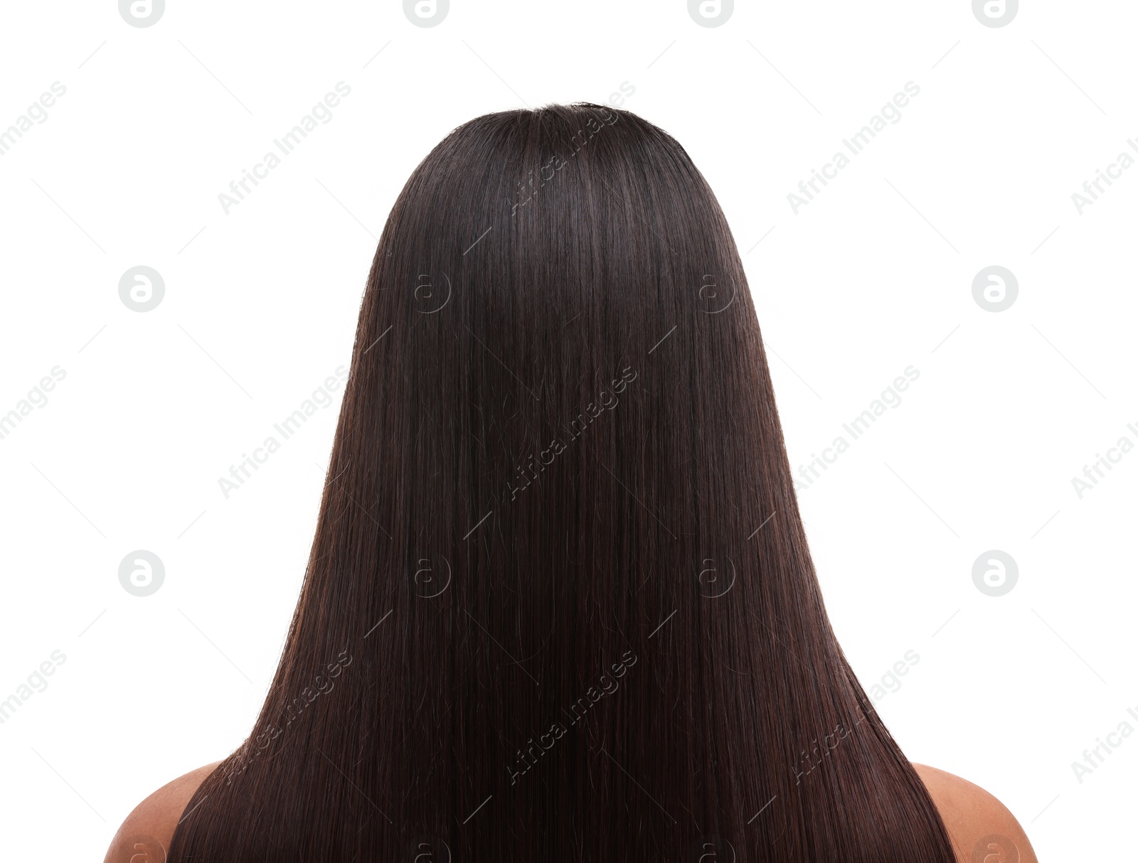 Photo of Woman with healthy hair after treatment on white background, back view