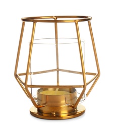 Photo of Stylish gold candle holder isolated on white