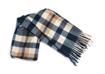 Photo of One beautiful checkered scarf on white background, top view