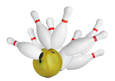 Bowling pins and ball on white background