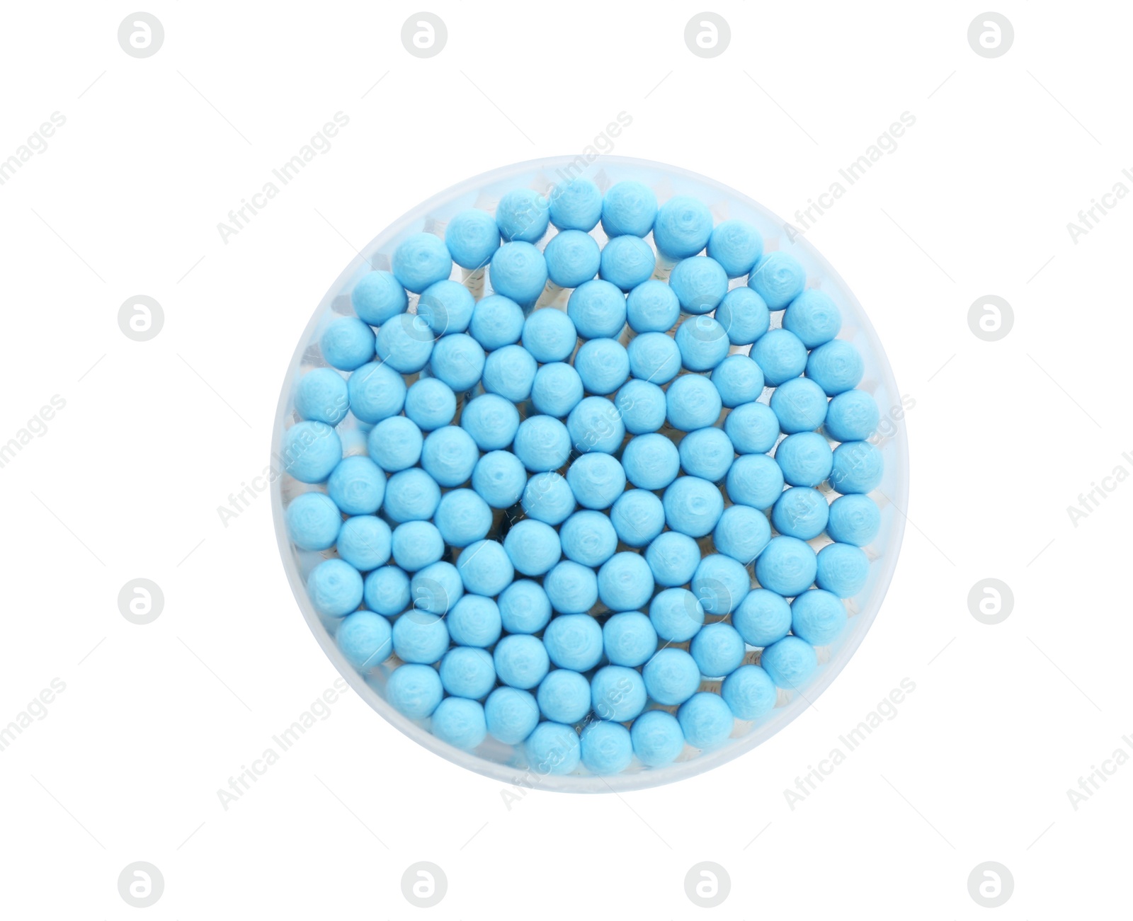 Photo of Plastic container with cotton swabs on white background, top view