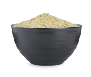 Photo of Aromatic mustard powder in bowl on white background