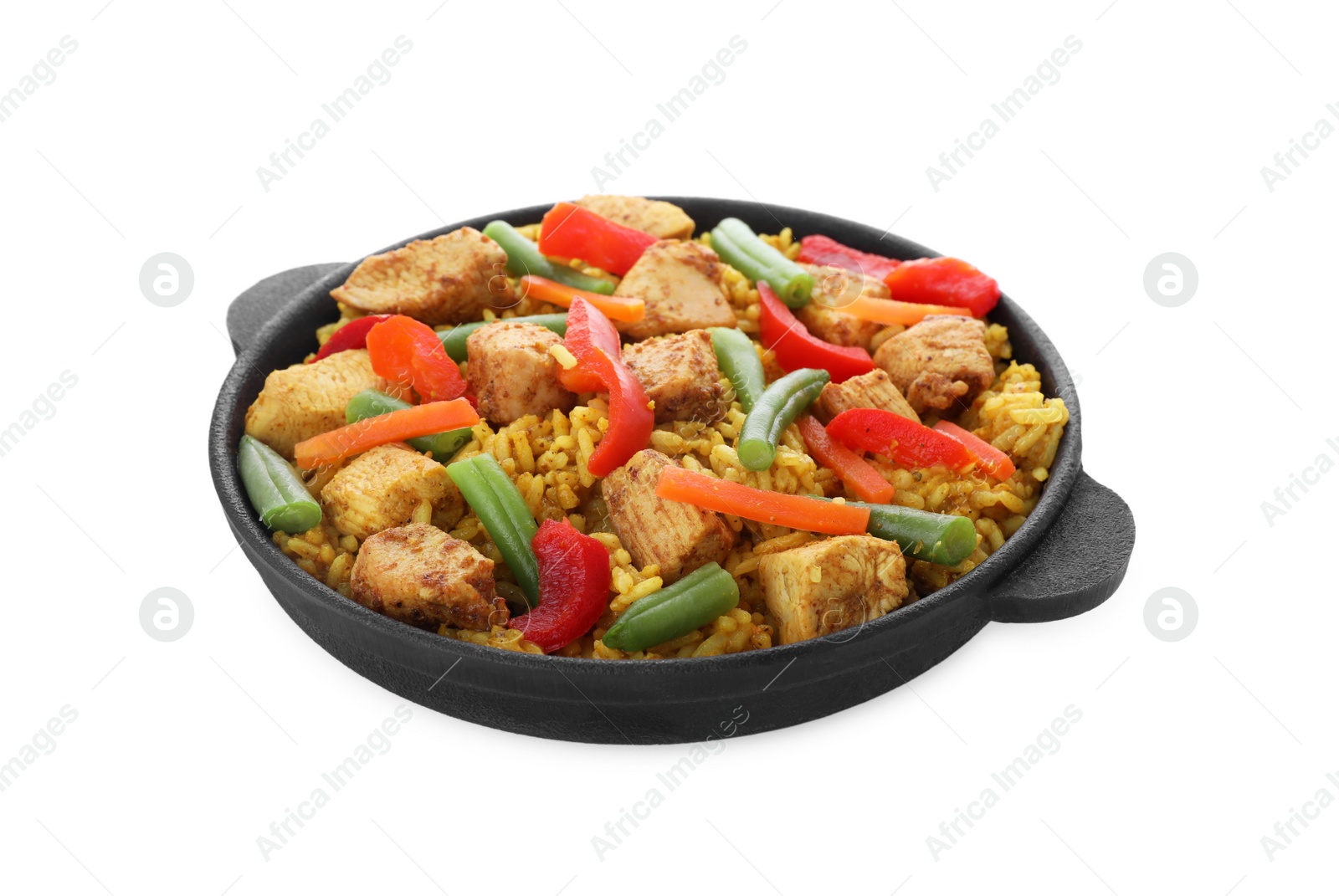 Photo of Serving pan of delicious rice with chicken and vegetables isolated on white